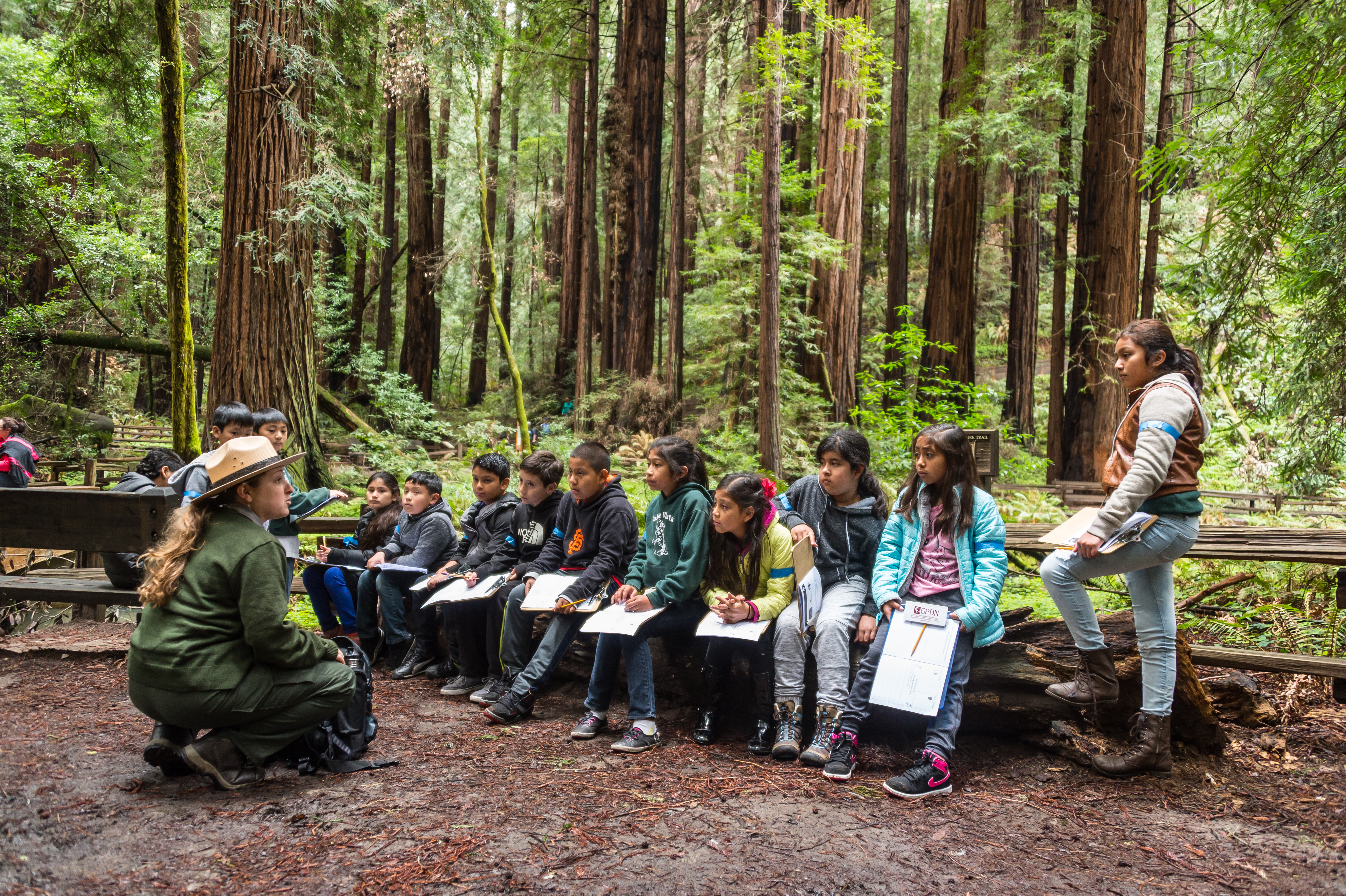 Ranger speaking to children in Muir Woods