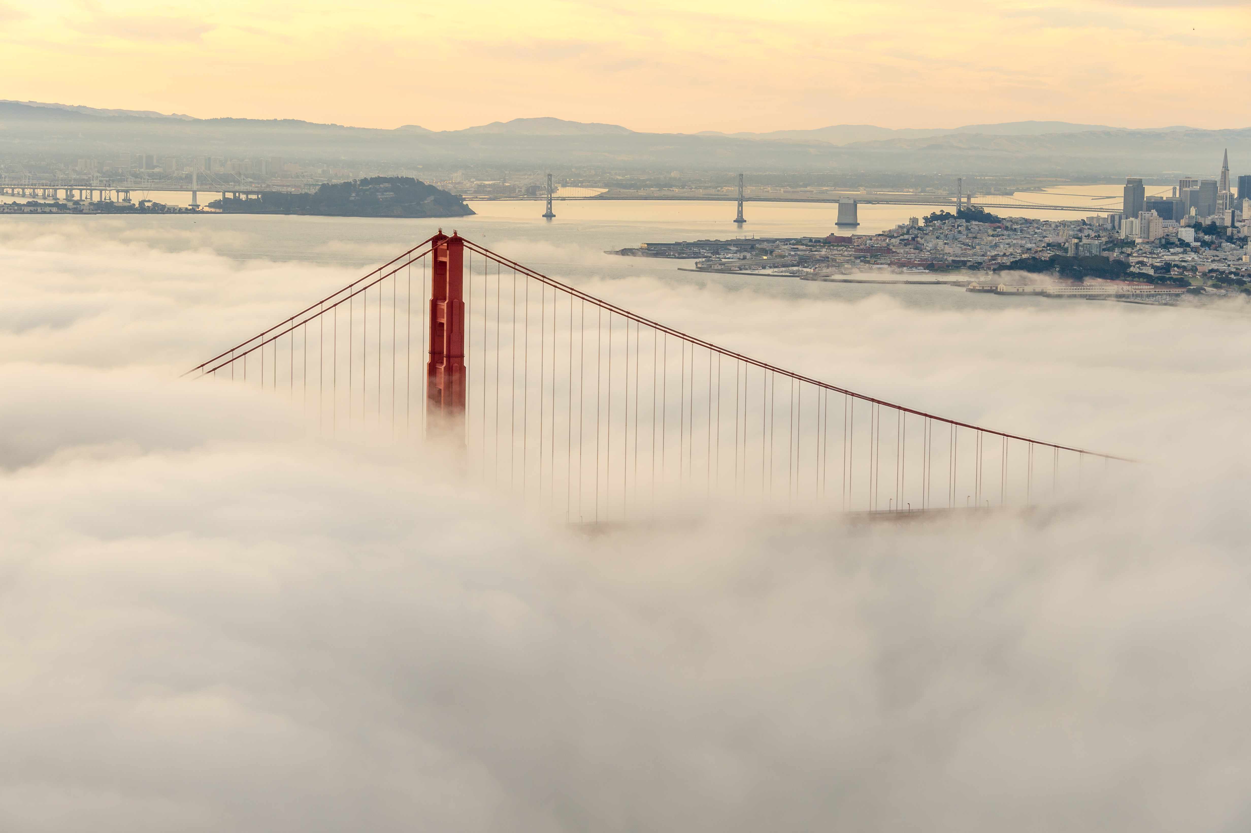 Bridge emerging from fog